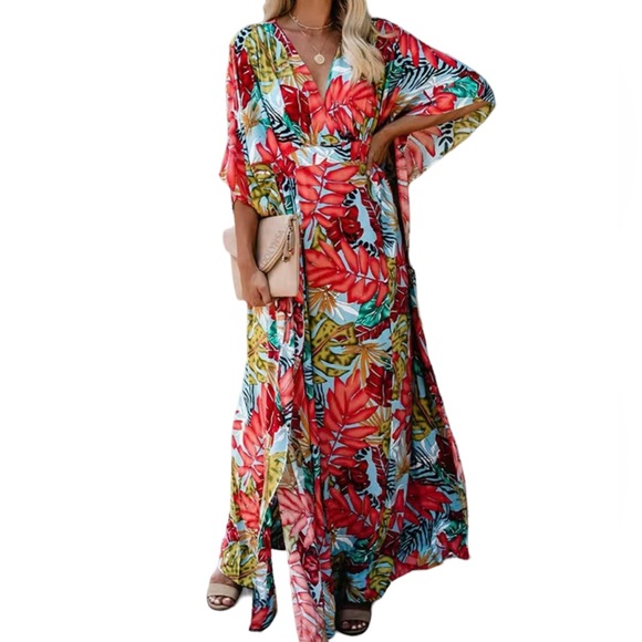 ✨NEW ✨ Boho Maxi Tropical Floral Colorful Caftan Beach Swim Cover Up Dress OS - Picture 2 of 16